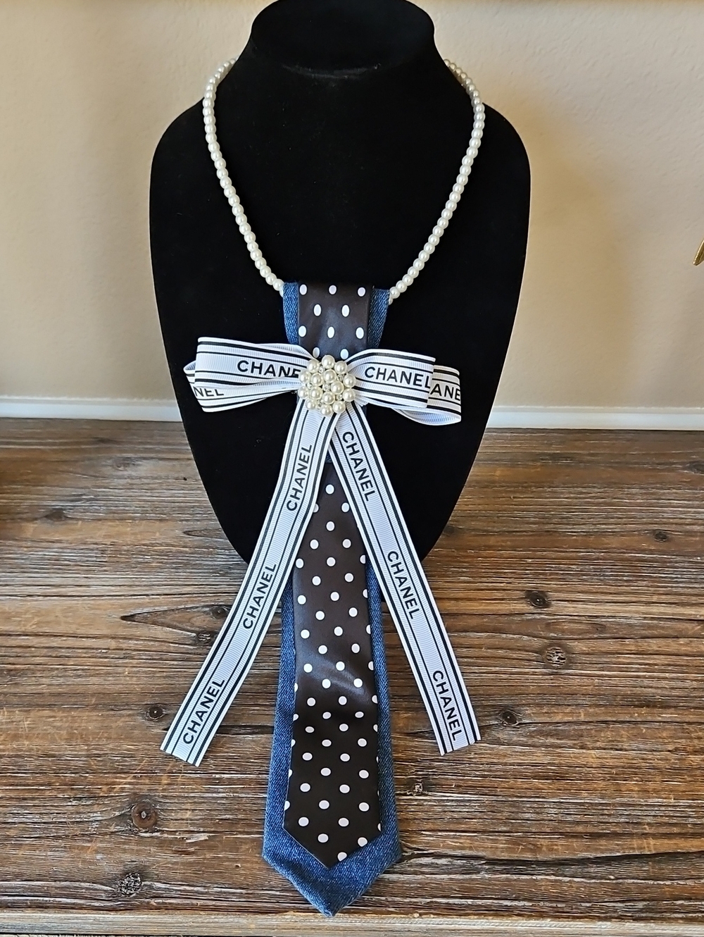 Hand Crafted Black and White Polka Dot Necktie on a Denim Handmade Tie Necklace - Picture 3 of 5